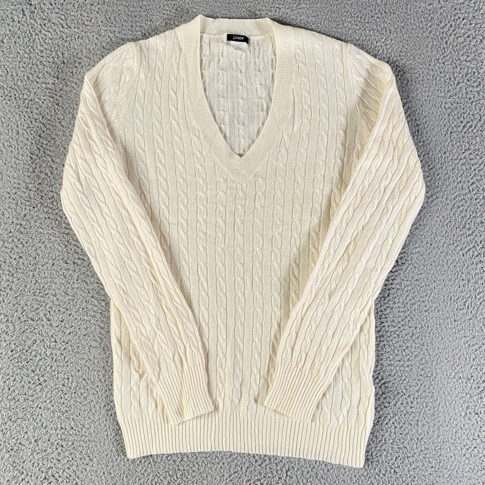 J Crew Sweater Womens Small White V Neck Cable Knit Cashmere Wool Blend Preppy